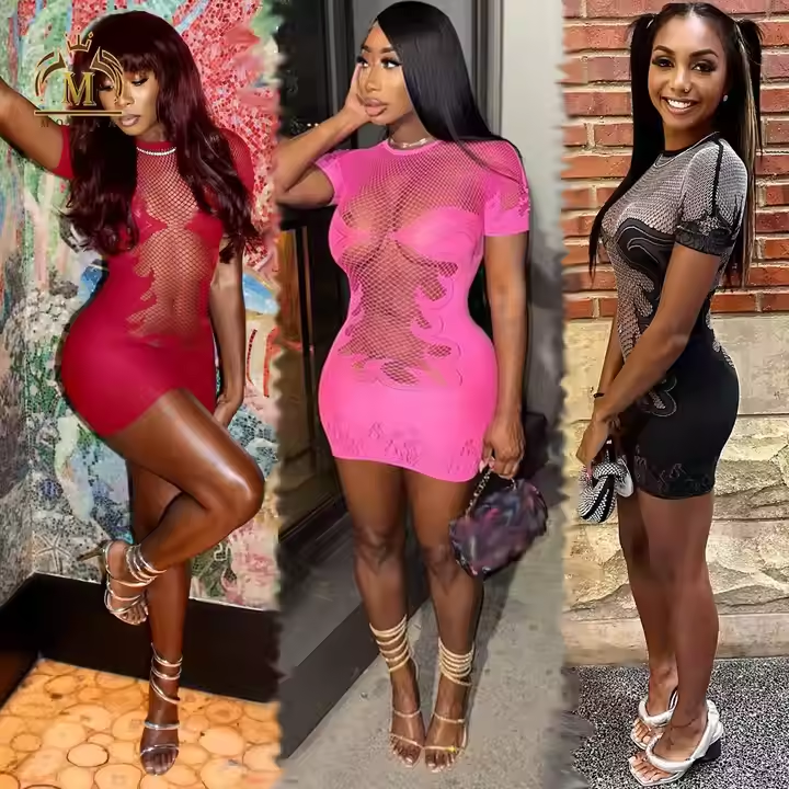 Women Dresses Sexy See Through Mesh Bodycon Dress Lady Sexy Club Hollow Out Vintage Mini Dresses Women Casual