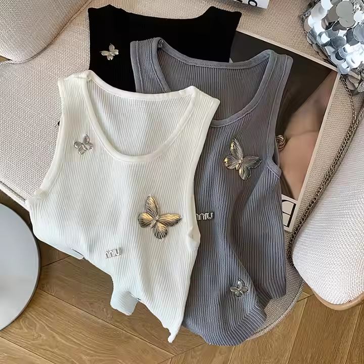 Slim Fit Sleeveless Knit Tank Top Butterfly Applique Camisole Women Bottoming Vest Shirt Top Casual Streetwear Customized Logo