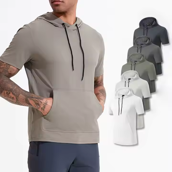 Sportswear Men Custom Logo Athletics Active Short Sleeves Breathable Elastic Hoodies Sweatshirt Gym Sport Tshirts