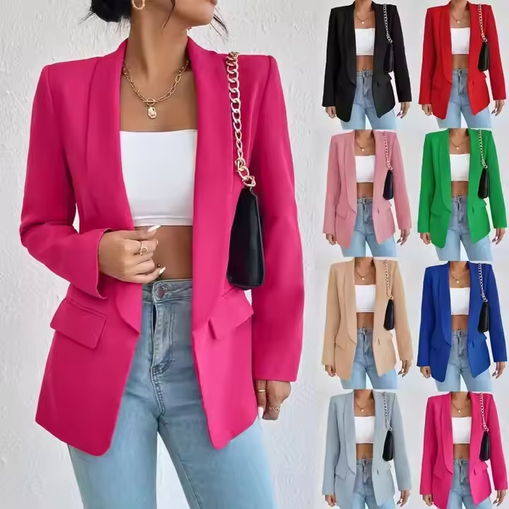 Spring Women’s Jacket Outerwear Coats Solid Casual Suit Polo Neck Long Sleeve Office Lady Blazers