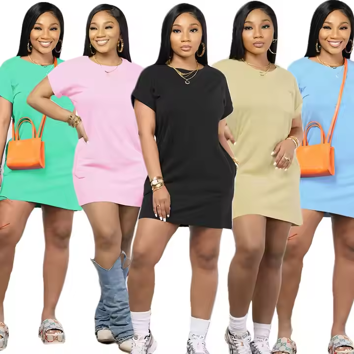 Summer Solid Color Crew Neck Basic Skirt Casual Blue Women’s Mini Shirt Dress Women Short Sleeve Shirt Dress