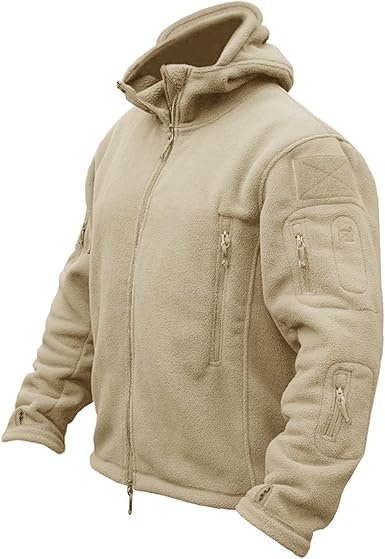 CRYSULLY Men's Military Tactical Sport Warm Fleece Hooded Outdoor Adventure Jacket Coats Beige